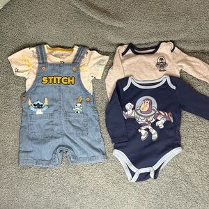 Disney Blue Denim Stitch Shortalls with Navy Buzz Lightyear Bodysuit Set 9mo